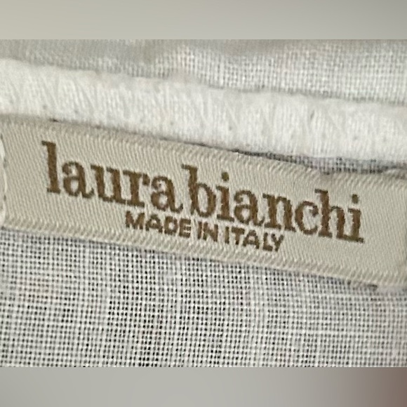 LAURA BIANCHI White Linen Italy Made Popover Tunic Pom Blouse Coastal Boho Sz M - Picture 2 of 8